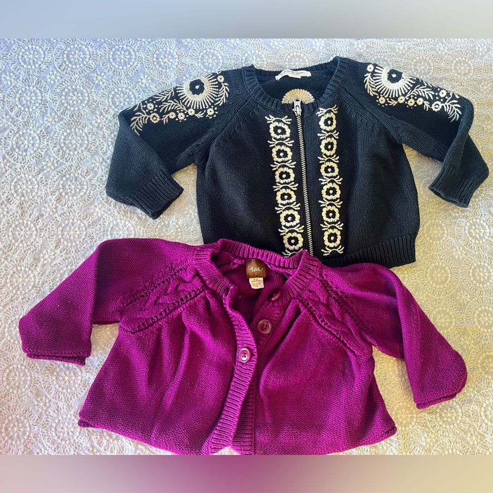 Two Sweater bundle, Tea Collection & Jessica Simpson, 3-6mo; embroidered/crochet